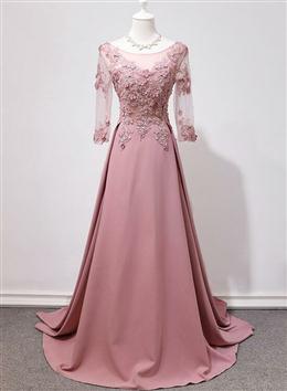 Picture of Elegant Pink Long Sleeves Lace Applique Long Party Dresses, Pink Formal Dresses